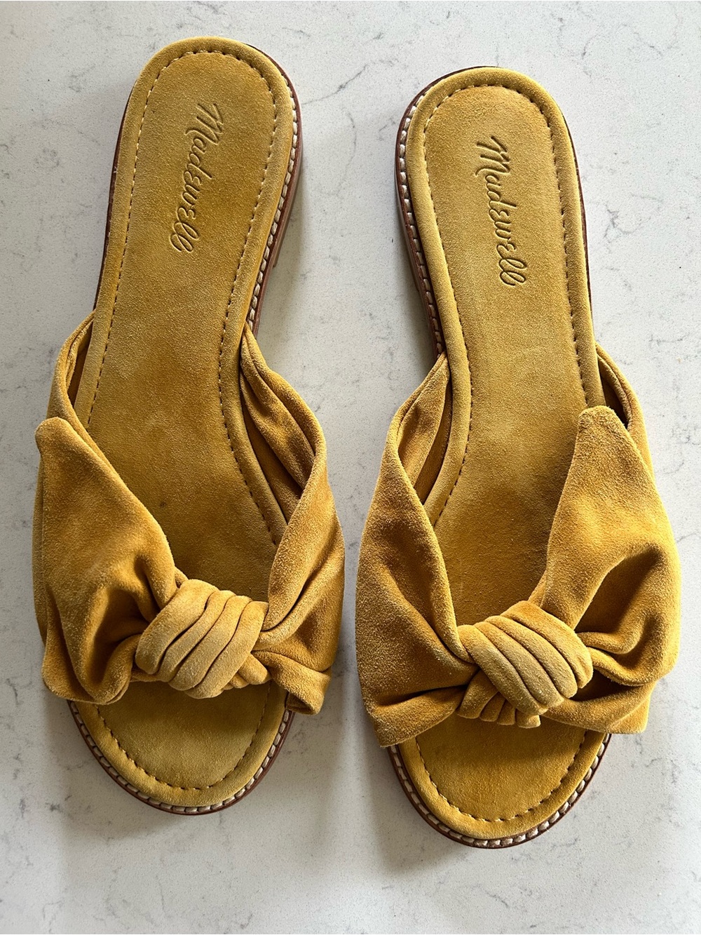 Madewell Suede Half Bow Tan Mustard Slip On Slide Sandals - Picture 9 of 16